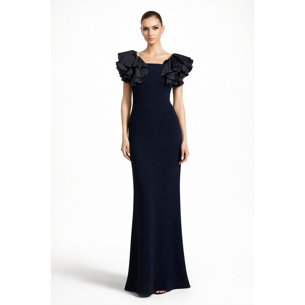 Badgley Mischka Ruffled Shoulder Column Gown Formal Dress Navy Blue Size 4